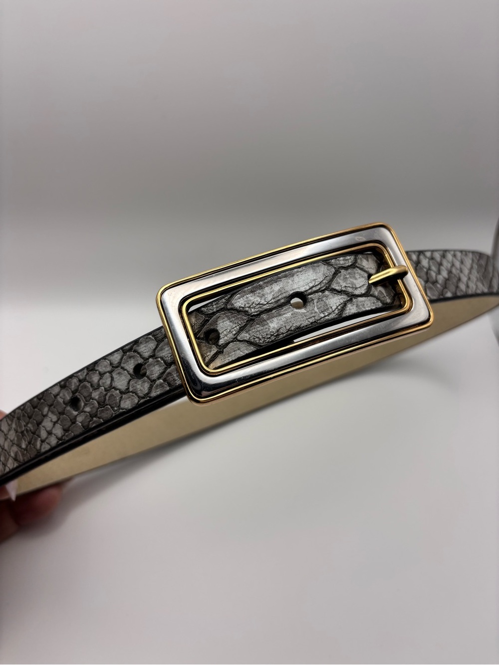 Chico's Gray Snake-Texture Belt with Gold Silver Rectangular Buckle Size M